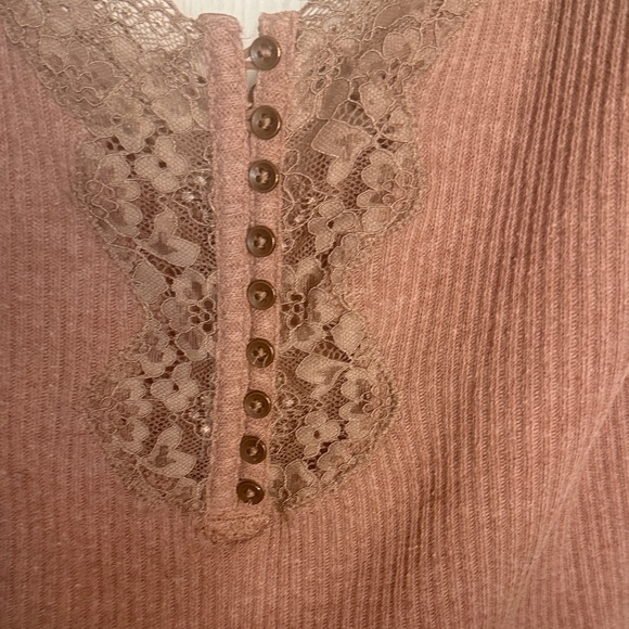 Free People Lace-Trim Ribbed Long Sleeve Top - Mauve Pink - Picture 3 of 5